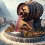 A giant wine barrel pouring wine into a river